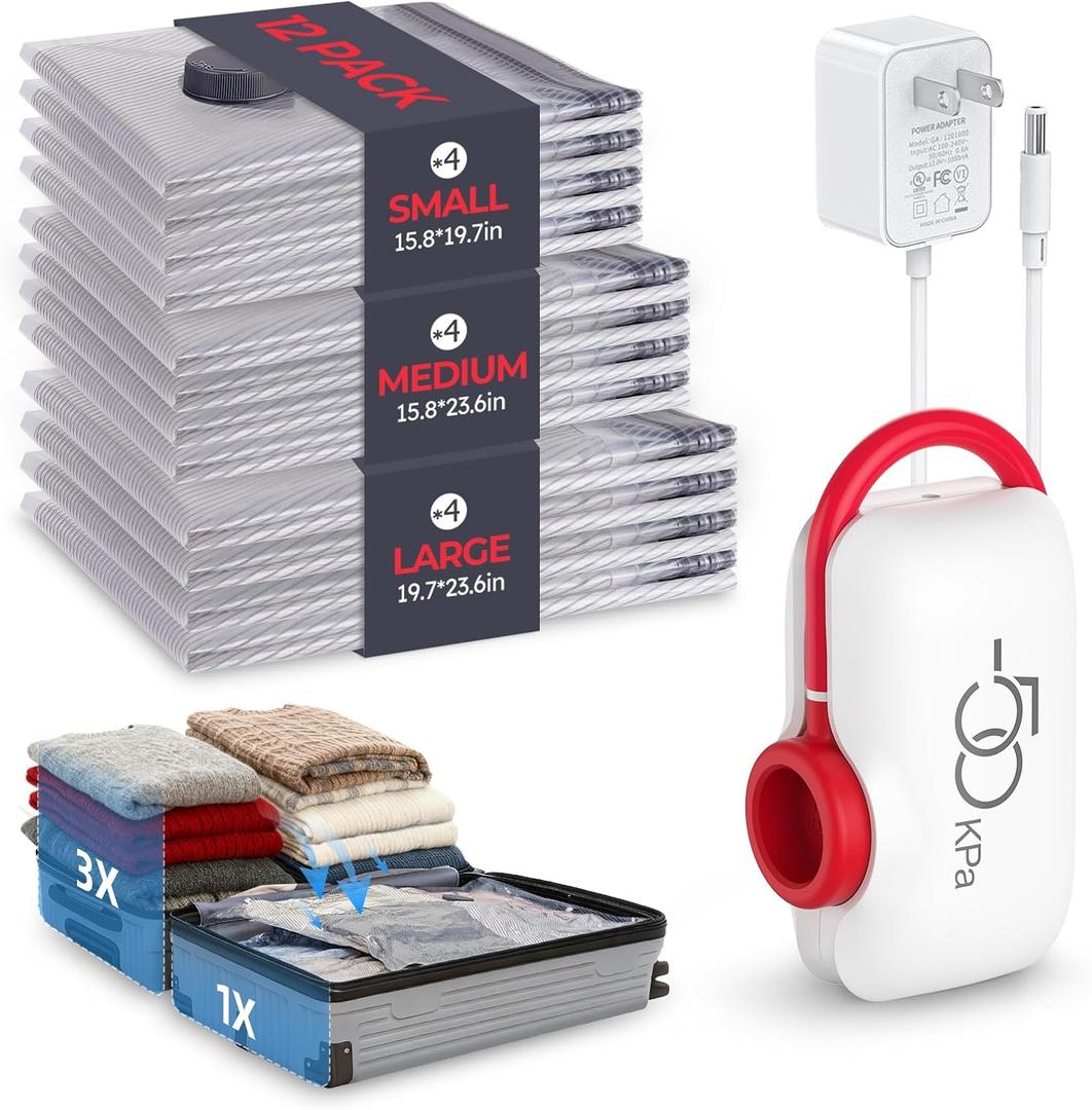 VMstr Vacuum Seal Bags for Clothing Travel, Carry-on Size for Luggage Compression Packing, Space Bags with High Pressure Electric Pump (DC Power) 12-Pack Combo Size Travel Set