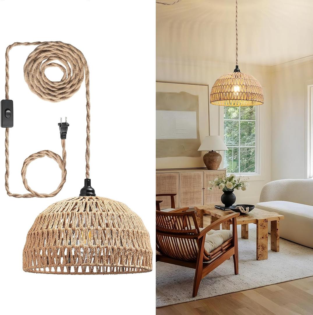 Rattan Hanging Lamp, Boho Pendant Lights, Plug in Cord Hanging Rattan Light, Plug Into Wall Outlet Pendant Light Fixture On/ Off Switch for Living, Dinner Room, Bedroom, Kitchen, for E26, without Bulb