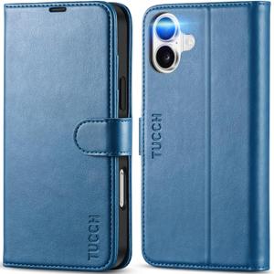 TUCCH Wallet Case for iPhone 16 Plus, Magnetic PU Leather Stand Flip Cover with 4 Card Slots [RFID Blocking] Folio [TPU Shockproof Interior Case] Compatible with iPhone 16 Plus 5G, Lake Blue
