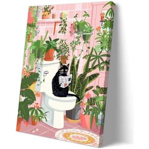 Sboobily Black Cat Wall Art Animal Poster Modern Funny Bathroom Wall Art Canvas Prints, Cat Sitting on Toilet Reading Newspaper Pictures Painting Decor 08x12 inches