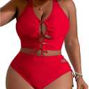 SOLY HUX Women's Plus Size Bikini Set Sexy Swimsuit Lace Up Tummy Control 2 Piece Bathing Suit Plain Red  2XL, 20 W