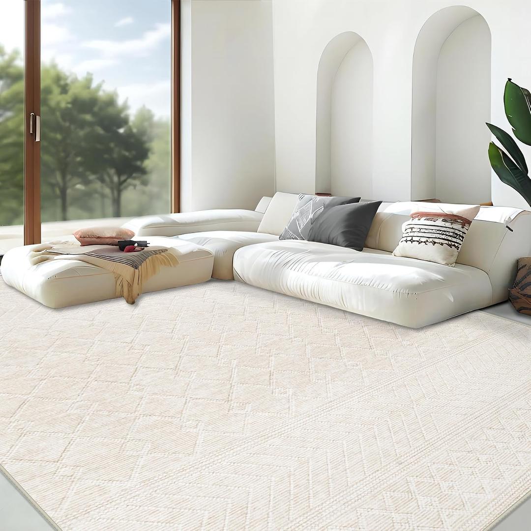 Area Rug for Living Room 9x12: Large Washable Boho Moroccan Rugs Geometric Neutral Rug, Non-Slip Foldable Morden Farmhouse Indoor Floor Carpet for Bedroom Dining Table Home(Modern Beige,9'x12')