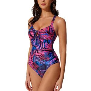 RXRXCOCO Women Tummy Control One Piece Swimsuit Cutout V-Neck Slimming Bathing Suit Tie Knot Ruched Swimwear (S)