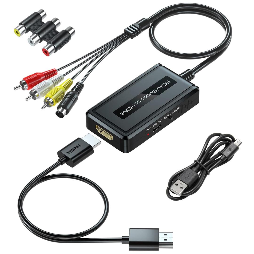 2 in 1 RCA/S-Video to HDMI Converter with 720P/1080P Ouptut Switch, Svideo Composite AV to HDMI Compatible with VHS/DVD/STB/N64/PS2/Wii
