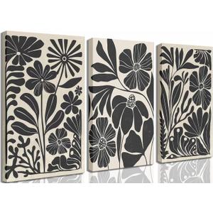 3Pcs Black Abstract Floral Canvas Wall Art Mid Century Modern Retro Flower Botanical Painting Pictures Wall Decor Boho Minimalist Poster Print for Farmhouse Bedroom Living Room