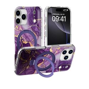 iPhone 17 Pro Case - Wireless Charging Compatible - Integrated Multi-Functional Kickstand - Protective Phone Case with Trendy Cute Designs for Women - Royal Purple Marbling