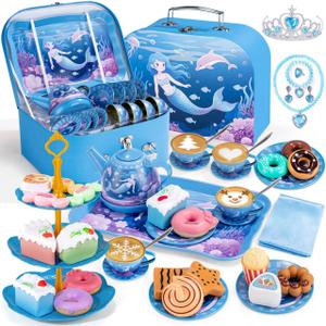 iAOVUEBY Tea Party Set for Little Girls, 49PCS Princess Tea Time Toys Including Teaset Dessert Carrying Case, Kids Pretend Play Kitchen Toys, Toddler Girl Birthday Gifts for 3-8 Year Old, Sea