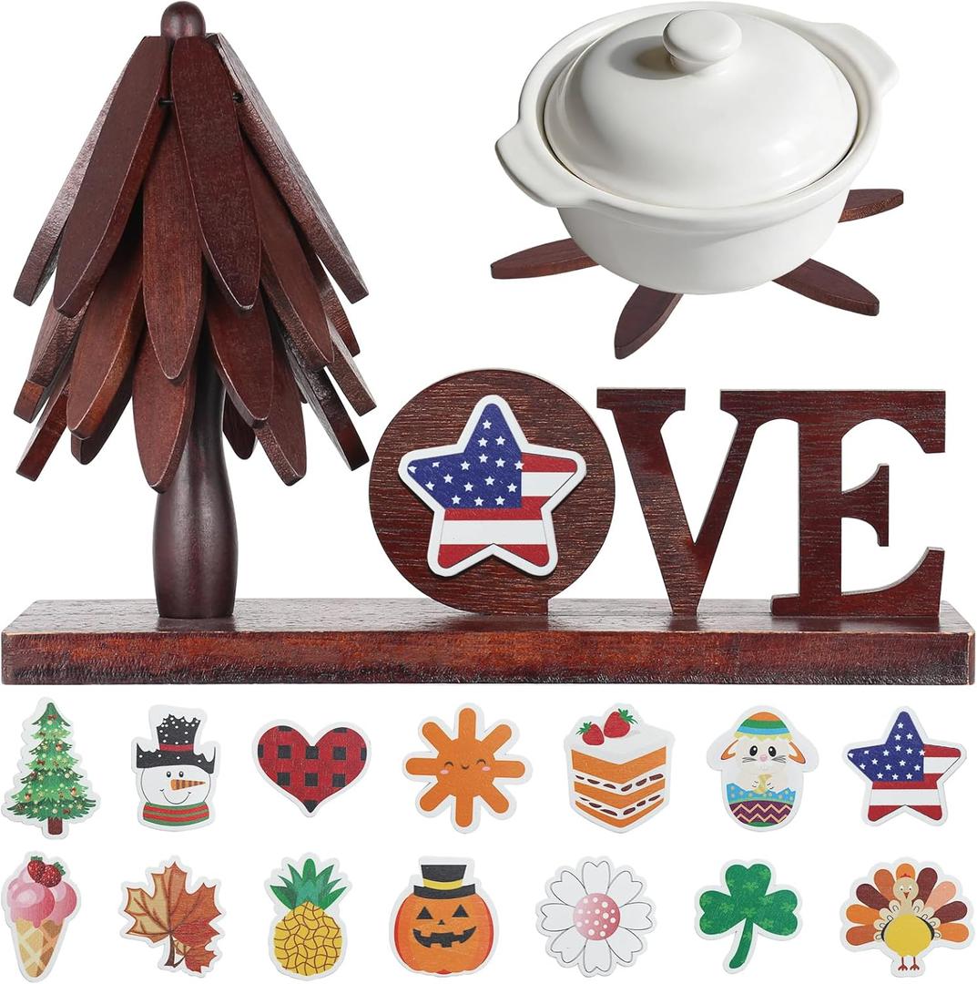 Wooden Trivets for Hot Dishes, 4 Piece Set Foldable Kitchen Wooden Trivet Interchangeable Love Sign, for Hot Dishes, Pot, Bowl, Teapot, Hot Pot Holder, for Home Table Valentines Day Mom Decor.