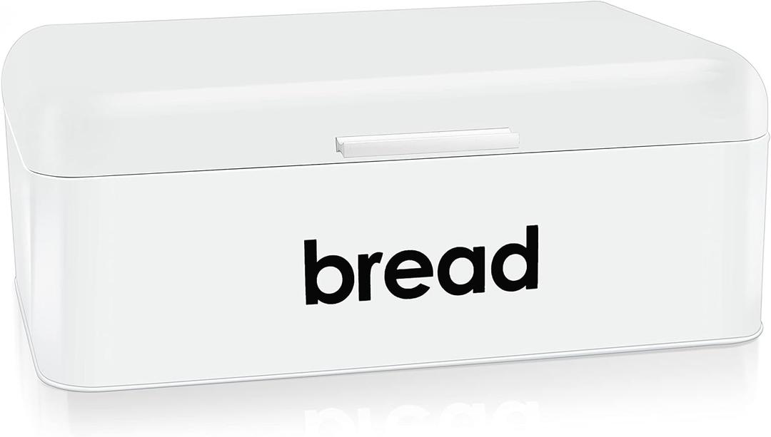 E-far Vintage Bread Box for Kitchen Countertop, White Metal Bread Storage Container Retro Bread Bin for Pastries/Loaves/Dry Food, Large Capacity & Modern Design (16.7 x 9 x 6.4)