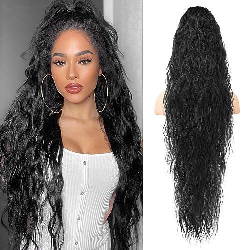 LONAI Ponytail Extension, 34" Black Long Wavy Drawstring Ponytail Extensions, DP001 Softer Lighter 80% Japanese Import Synthetic Clip in Hairpiece Natural Looking Hairpiece for Women-Black