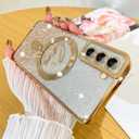 Fiyart Designed for Samsung Galaxy S21 Case,Compatible with MagSafe Love Heart Plating Camera Protection Clear Glitter Magnetic for Women Girls Shockproof Phone Cover Bumper 6.1"-Gold