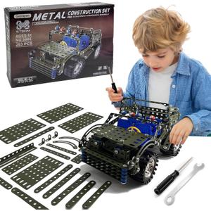 Metal Model Car Kits - 283 Pcs Erector Sets for Boys Age 8-12, Building Toys, STEM Kits for Kids Age 8-10, Assembly Jeep Project Army Toys for Ages 14 and Up, Gifts for 15 16 Year Old Boys and Adults