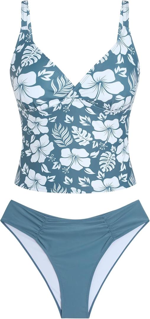 ZAFUL Women's Spaghetti Strap Tankini Swimsuits V Neck Tummy Control Tie Side Thong Bikini Swimsuits 2 Piece Bathing Suits (Large, 7-blue)