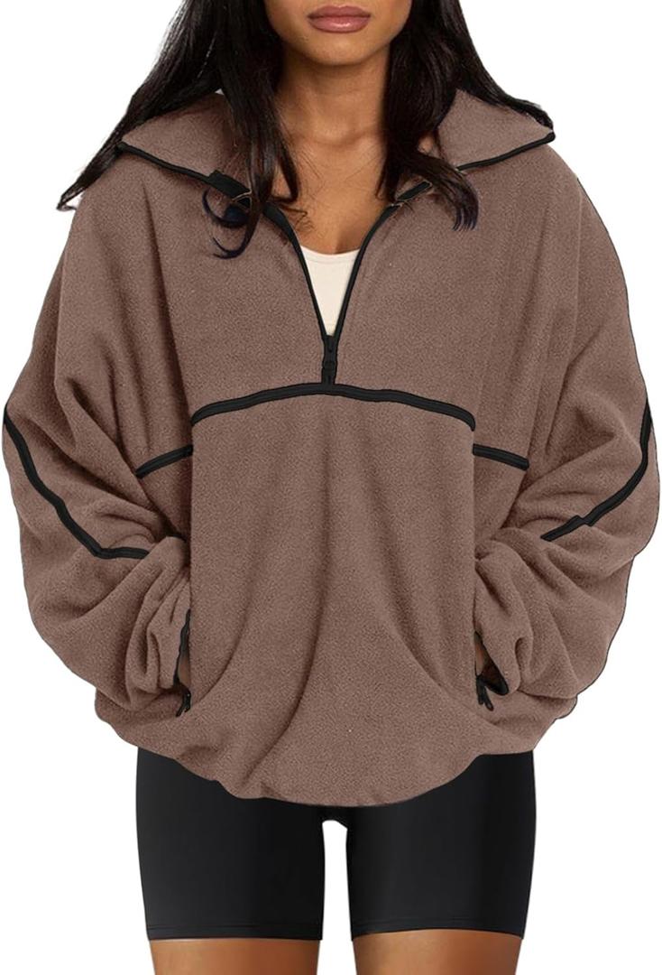 LASLULU Womens Half Zip Pullover Sweatshirt Sherpa Fleece Jacket Oversized Sweatshirts Warm Fuzzy Sweaters Pockets (Medium, Brown)
