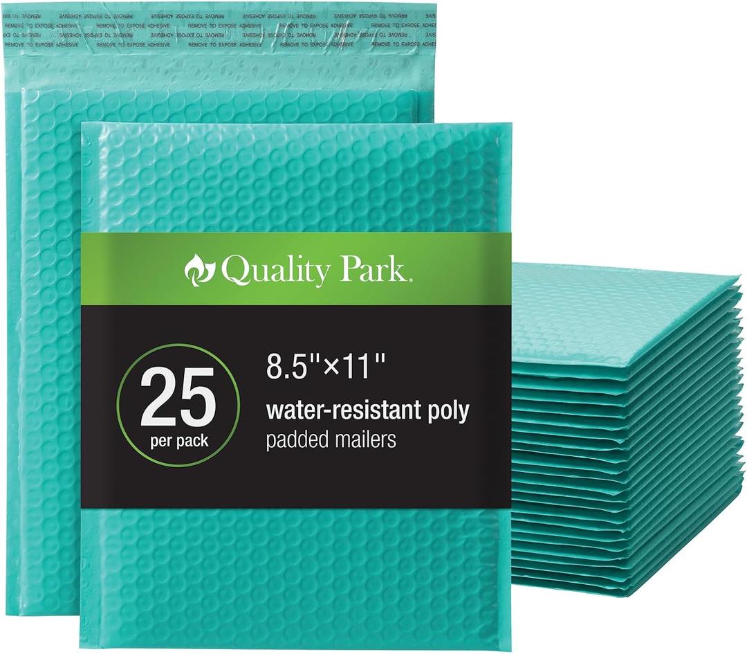 Quality Park Bubble Mailers, 8.25 x 11 Shipping Envelopes, Water Resistant Teal Poly Padded Envelopes, Redi-Strip Peel Off Closure, 25 Per Box (QUA85860) (One Size)