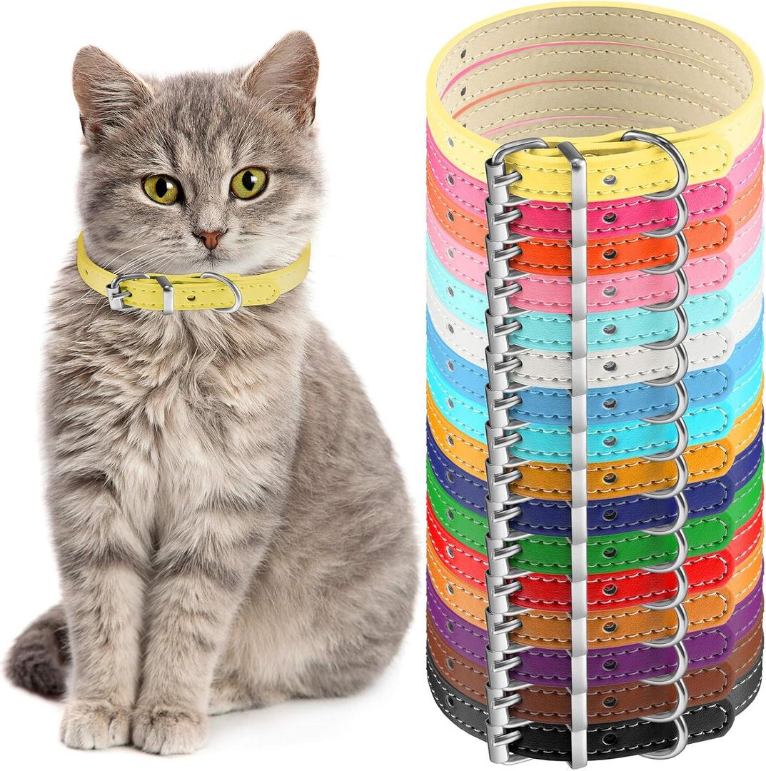 Weewooday 16 Pieces PU Puppy Cat Collar Leather Adjustable Kitten Big Cat Collar Small Pet Collars Colorful Safety Puppy Identification Collar for Small Dogs Cats, 16 Colors and 6-9 Inch