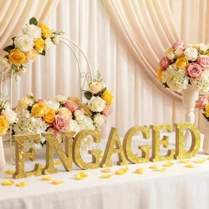 Novabright 7 Pcs Large Gold Engagement Party Decorations Wooden Letters Glitter Engaged Signs for Wedding Table Proposal Bridal Shower Engaged Party Decor Backdrop