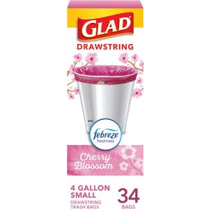 Glad Small Trash Bags 4 Gallon, Febreze Cherry Blossom Garbage Bags, Odor Resistant with Drawstring, 34 Count, Small