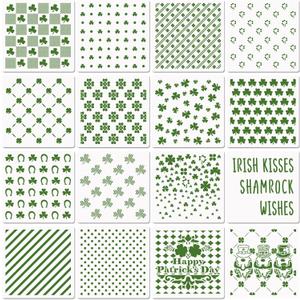 6in Shamrocks Cookie Stencils for Royal Icing, St Patrick's Day Green Shamrock Clover Gnome Stencils for Sugar Cookie, 16 Pcs Assorted Sizes Irish Template for Baking Drawing Dessert Coffee Decor