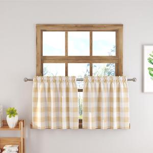 Short Curtains For Windows Treatment Buffalo Check Plaid Valances Gingham 2 Pack Tiers Rod Pocket Beige and White Farmhouse Decor Small Curtains Over Sink For Kitchen/Living Room 30 Inch Length