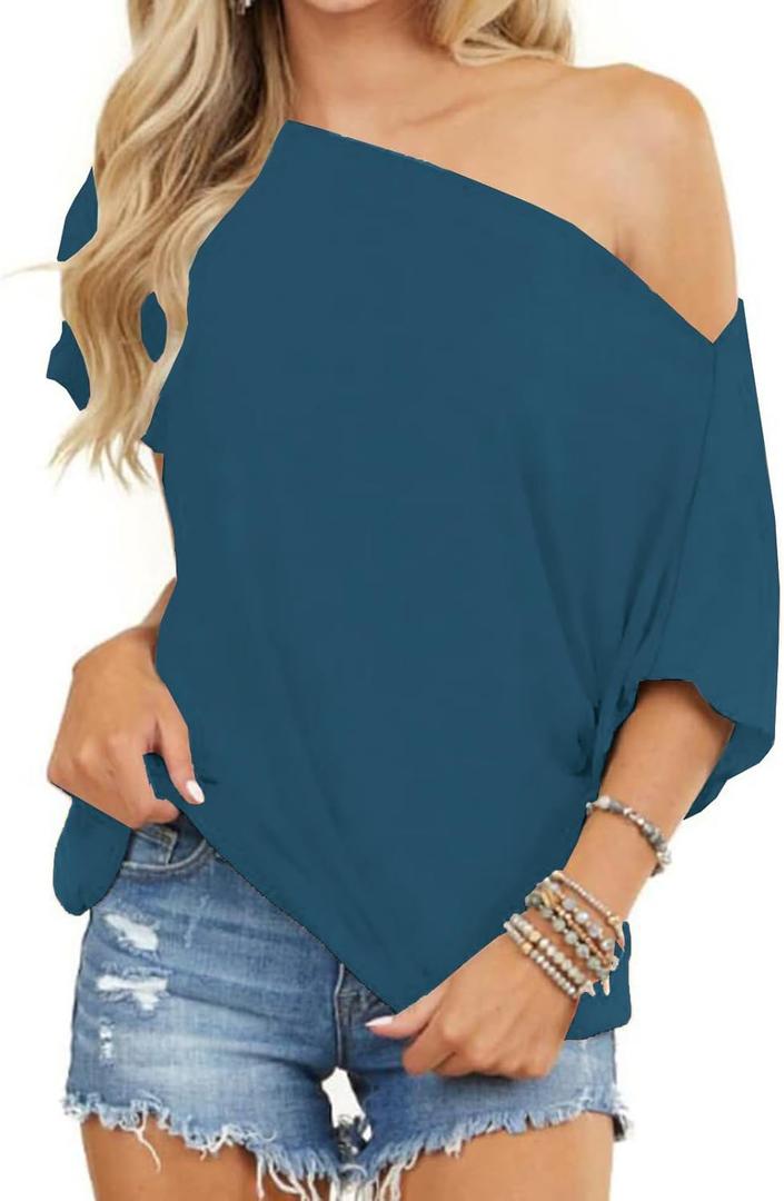 Eniloyal Off The Shoulder Tops for Women Short Sleeve Trendy T Shirts Loose Batwing Summer Going Out Oversized Blouse Tunic (Large, Denim Blue)