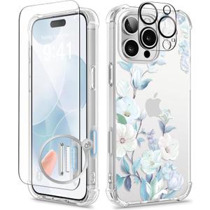 GVIEWIN for iPhone 16 Pro Case, with Screen Protector & Camera Lens Protector, Floral Shockproof Protective Bumper Slim Clear Phone Cover for Women 2024 6.3'', Hibiscus | Not Yellowing, Slim, Shockproof, Protective