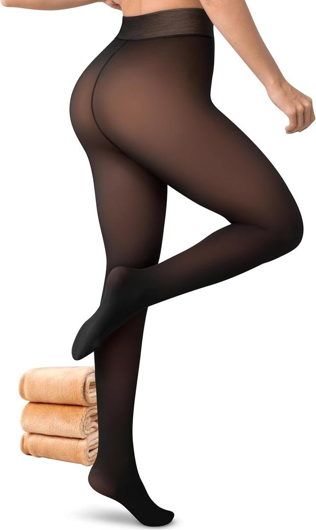 Womens Fleece-Lined Tights - Ultra-Warm Fake Sheer Look Pantyhose Thick Leggings for Winter (X-Large-XX-Large Petite, Brown - 1 Pair)