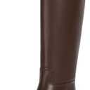 QIY Flat Boots For Women No Heel Brown Faux Leather Chunky Heels Knee High Boots For Women Dressy Low Heel Slip On Round Toe Shoes Chocolate Brown Brown Tall Long Winter Boot Size 11