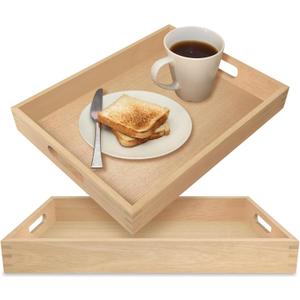Teak Wood Serving Tray with Handles 17" (Pack of 2) – Decorative Wooden Tray for Breakfast, Lunch, Dinner, Snacks, Coffee Table, Patio, Ottoman, BBQ, Party – Bed, Lap & Couch (2, Natural)