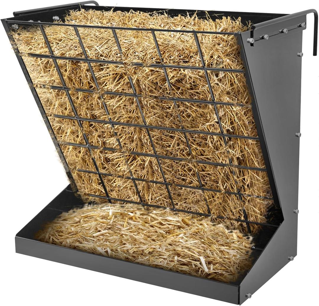 Wall Mount Hay Rack, Heavy-Duty Galvanized Metal 2 in 1 Hay and Grain Feeder, Livestock Feeder with Adjustable Distance, Hay Feeder for Goats, Sheep, Horse (Black)