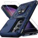 Janmitta Compatible with Samsung Galaxy S25 Plus/S24 Plus Case Built in Slide Camera Lens Cover+Screen Protector+Finger Ring Holder Kickstand,Heavy Duty Shockproof Full Body Phone Cover,Blue