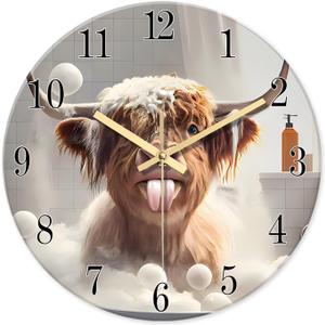 XNM Rustic Brown Glass Wall Clocks Battery Operated 12 Inch Highland Cow Clock for Bathroom Bedroom Living Room Funny Round Analog Wall Clock Silent