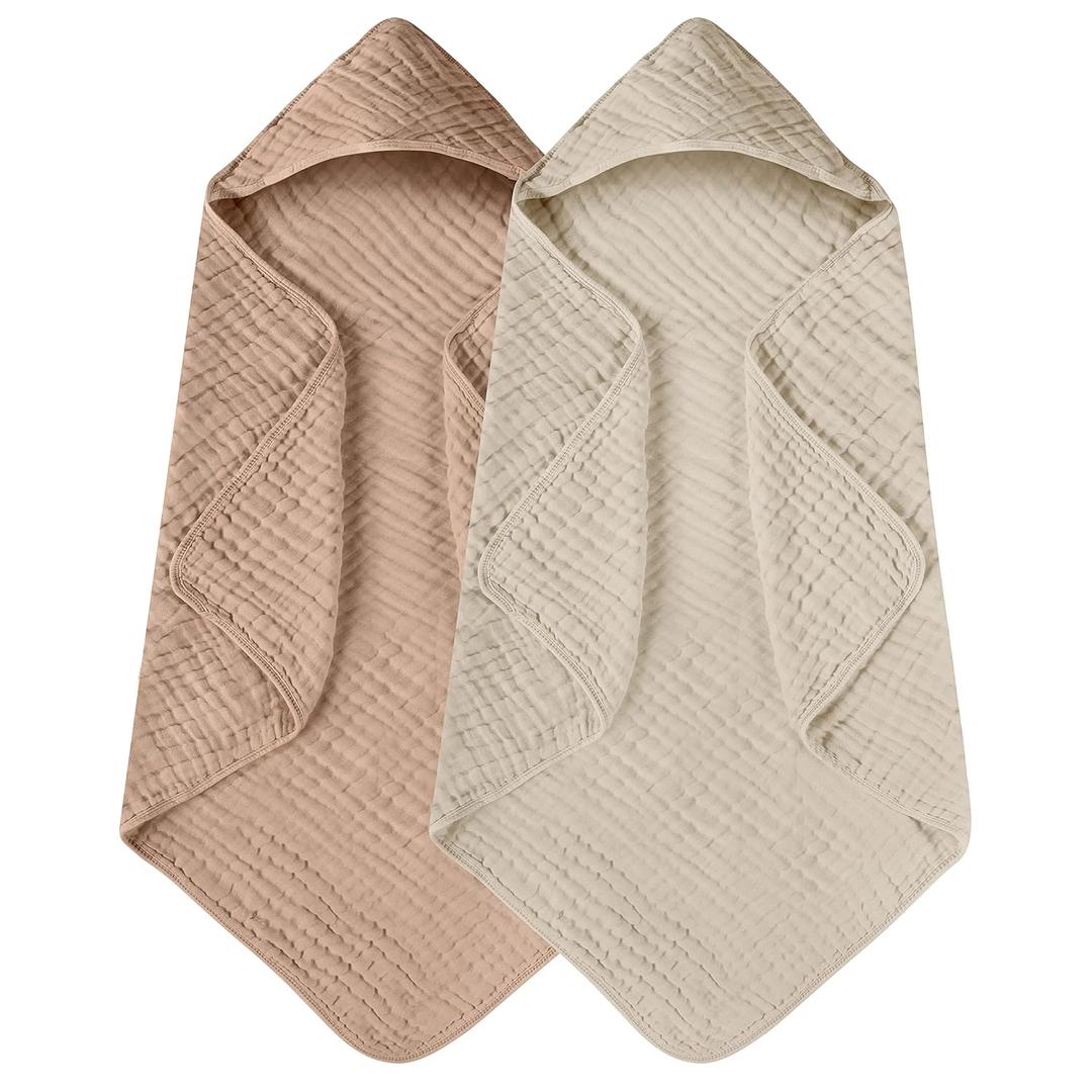 Yoofoss Hooded Baby Towels for Newborn 2 Pack 100% Muslin Cotton Baby Bath Towel with Hood for Babies, Infant, Toddler and Kids, Large 32x32Inch, Soft and Absorbent Newborn Essential (Beige & Coffee)