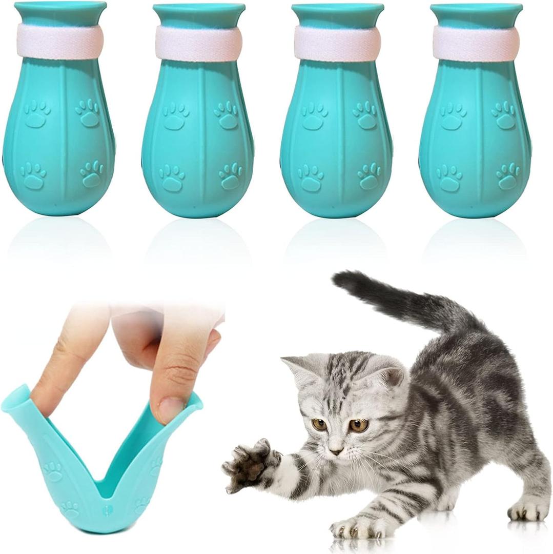 Anti-Scratch Cat Shoes 4 Pack, Pet Supplies Scratch Deterrent Booties, Grooming Accessories Silicone Nail Gloves, Adjustable Claw Cover for Bathing Shaving Checking Treatment (Blue)