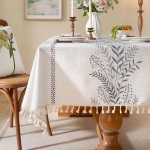 Laolitou Spring Table Cloth Rectangle Table, Embroidery Heavy Duty Cotton Linen Tablecloth, Farmhouse Rustic Waterproof Wrinkle Free Tablecloths with Tassels, Blue Fern, 5575 Inch