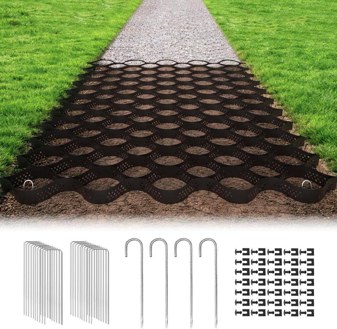 Gravel Grid 2'' Depth with Metal Stakes, 6.6x33 FT Geogrid for Gravel Driveway 2200 lbs per Sq FT Erosion Control Ground Grid Gravel Stabilizer Grid for Driveway, Parking Lot, Slope, Walkway, Patio