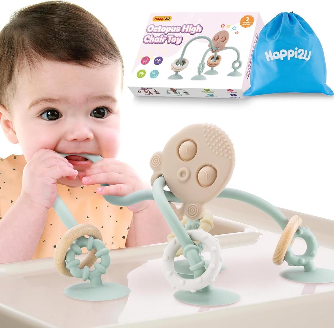 Baby Teething Toys, High Chair Toy with Suction Cup for Infant Toddlers 6 12 18 24 Month, Food Grade Silicone Teether with Oak Loop, Montessori Sensory Educational Baby Bath Toy Gifts (Green)