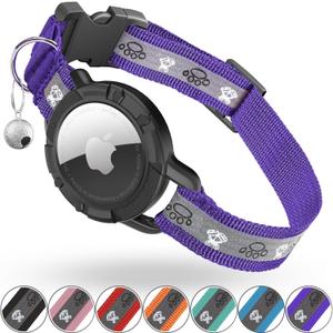 Reflective AirTag Cat Collar, Integrated Cat Tracker Collar with Air Tag Holder and Bell, Safety Elastic Band Cat GPS Collars for Girl Boy Cats, Kittens and Puppies (Purple, S)