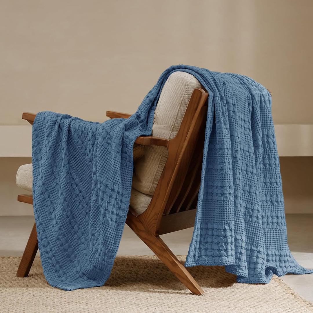 PHF 100% Cotton Waffle Weave Throw Blanket, Soft Lightweight Breathable Cozy Throws for Couch Bed Sofa, Luxury Aesthetic Blanket Gift for Home Decor & Office, 50"x60", Denim Blue