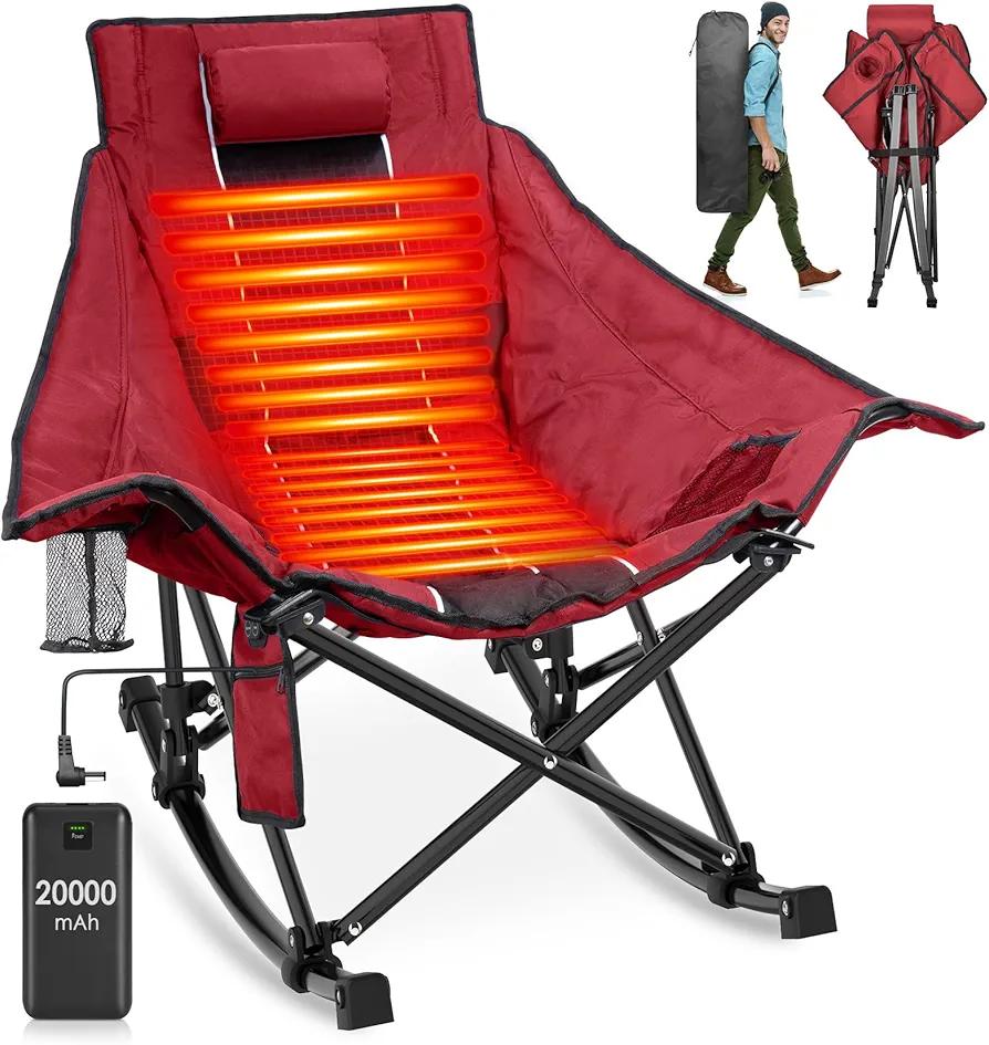Suteck Heated Rocking Camping Chair, XL Oversized Rocking Chair Outdoor with 3 Heat Levels for Back and Seat, Heated Chairs Outdoor Sports W/20,000mAh Power Bank for Patio Lawn Picnic Travel