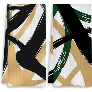 COWEB Abstract Boho Kitchen Towels, Minimalism Green Gold and Black Dish Tea Towels for Kitchen Decor, Mid Century Modern Hand Towels for Bathroom Decor, 16x24 Inch Set of 2