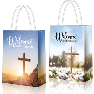 YHNTGB 16Pcs Church Welcome Bags with Handles Religious Gift Handbag for Guest Baptism Bulk Hotel Birthday Theme Party Supplies 5.9 X 3.15 X 8.27inch 2 Types Kraft Paper (Landscape)