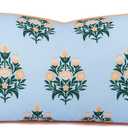 Coastal Indoor Outdoor Lumbar Pillow Cover ONLY, 12"x20" Water Repellent for Couch, Patio, Backyard, Baby Blue Orange Floral with Piping