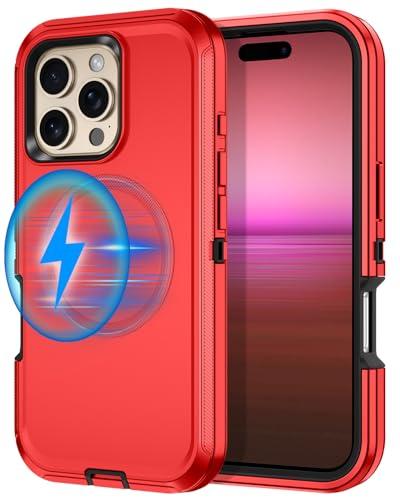 I-HONVA for iPhone 16 Pro Max Case [Compatible with MagSafe] Shockproof 3-Layer Full Body Protection [Without Screen Protector] Rugged Heavy Duty Cover Case for Apple iPhone 16 Pro Max 6.9",Red/Black