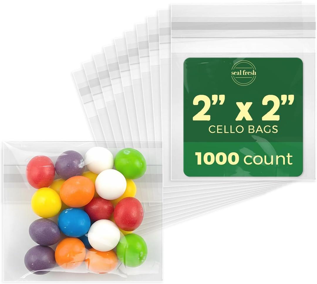 Seal Fresh Self Sealing Cellophane Bags - 2" x 2" (1000 Count) - Clear Plastic Resealable Cello Bag - Cellophane Treat Bags, Cookie Bags for Packaging, Candy bags, Cello Bags, Pastry Bags