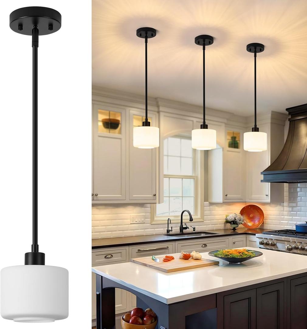 Milk Glass Pendant Light Kitchen Island, 1-Light Modern Black Hanging Light Fixtures with Rods, Mini Kitchen Pendant Lighting Over Island for Sink Bathroom