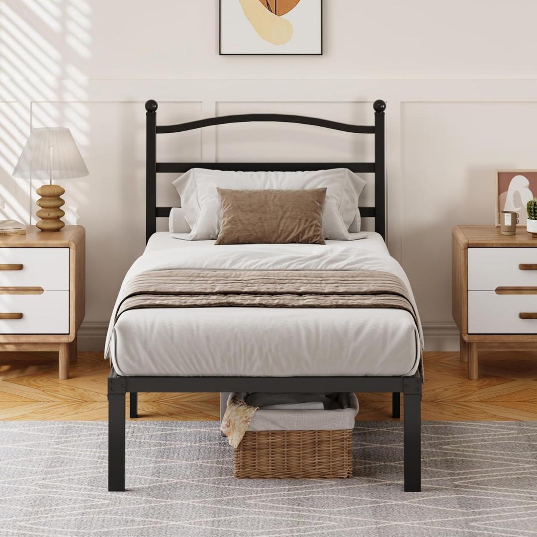 14 Inch Twin Bed Frame with Headboard, Heavy Duty Metal Platform Bed Frame Twin Size Mattress Foundation with Sturdy Steel Slats, Easy Assembly Noise Free