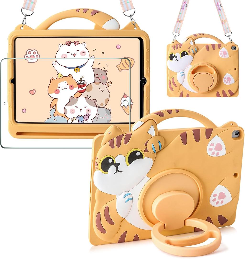 for iPad 9.7 Inch Case for iPad 6th/5th Generation case for Air 1/2 Screen Protector Pencil Holder Shoulder Strap Kickstand Cute Silicone Proof Full Body Protective Tablet Cover for Kids Cat
