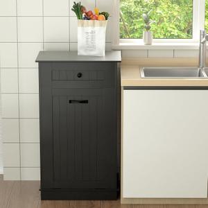 10 Gallons Tilt Out Trash Cabinet, Wooden Garbage Can Cabinet for Kitchen, Tilt Out Laundry Hamper Cabinet, Dog Proof Trash Cabinet Can Free Standing Holder, Black