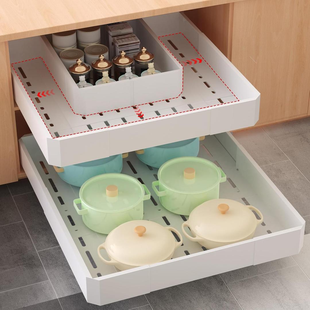 Pull out Cabinet Organizer,Adjustable Width (14"-19") and Depth (17"-24") Expandable,No Drill Slide out Drawers for Kitchen,Pantry,Adhesive Roll out Shelves,for Cabinets Without Lip (White)